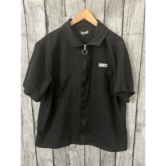 Welcome Men’s Black ZIP Up Collared Shirt Sz XL Goth Skater Punk - Picture 1 of 5